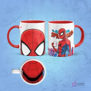Taza de sublimación de Spider-Man clásico con borde rojo, diseño frontal de su máscara y posterior sosteniendo una taza, con una boca sonriente en la base.
