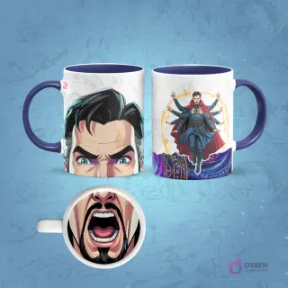 Taza de sublimación del Doctor Strange con borde azul marino, diseño frontal de su rostro y posterior con múltiples brazos mágicos, con una boca abierta gritando en la base.
