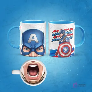 Taza de sublimación del Capitán América con borde azul claro, diseño frontal de su casco y posterior con escudo, con una boca abierta gritando en la base.