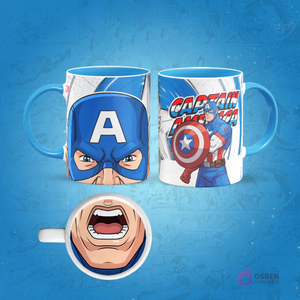 Taza de sublimación del Capitán América con borde azul claro, diseño frontal de su rostro con casco y posterior con escudo, con una boca abierta gritando en la base.