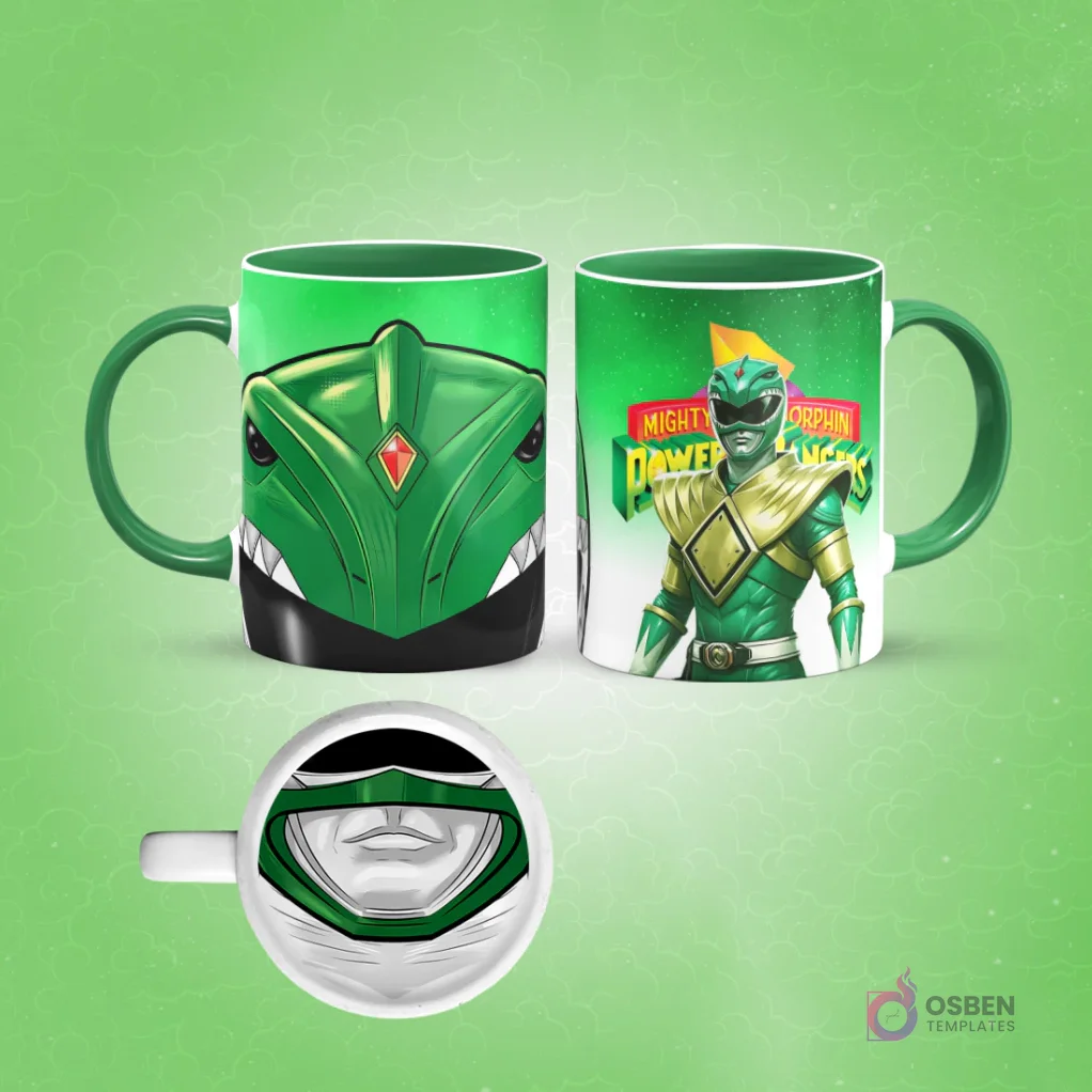 Taza de sublimación con diseño frontal de casco Power Ranger verde y vista lateral del Ranger Verde con logo Mighty Morphin Power Rangers, fondo verde.