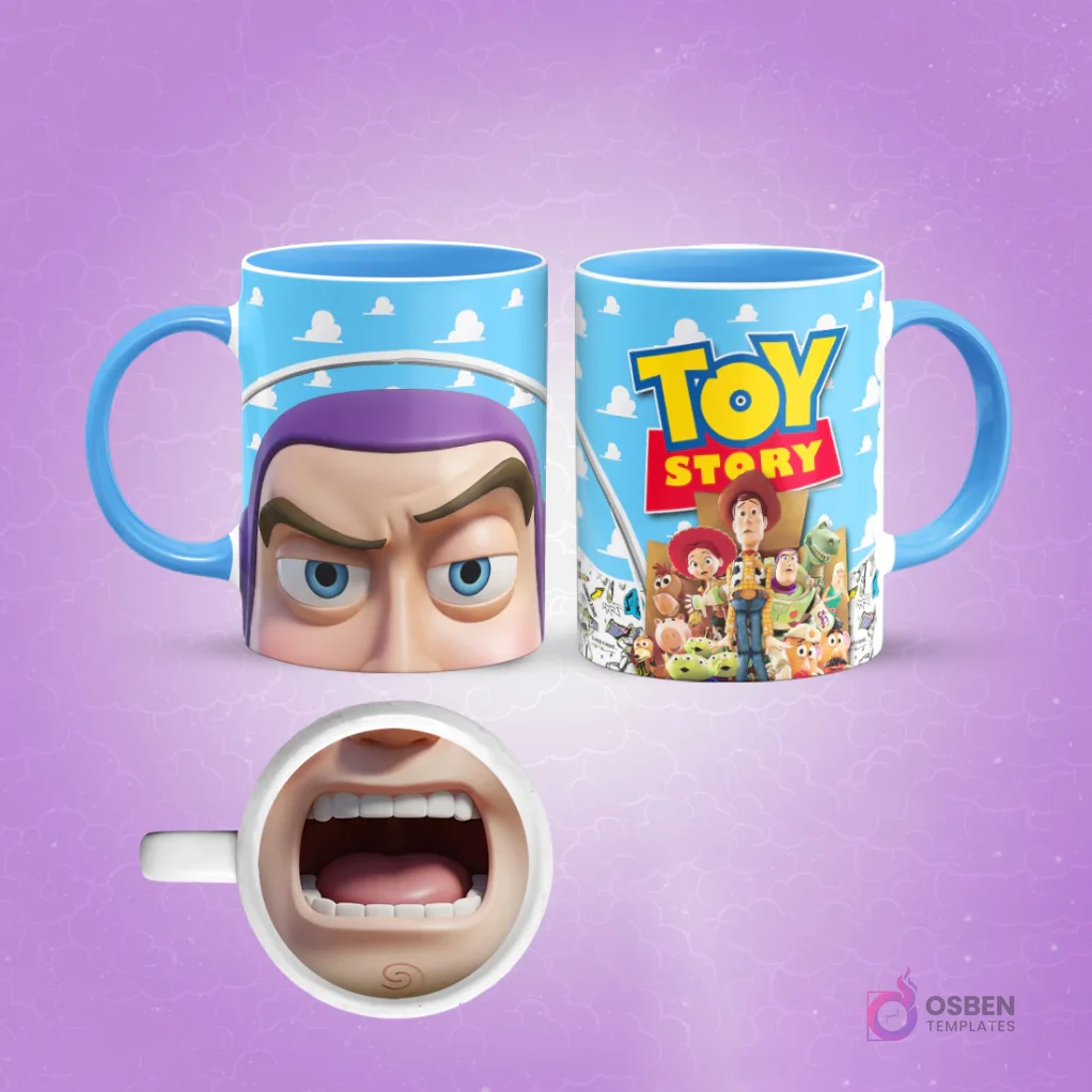 Taza de sublimación con diseño frontal del rostro de Buzz Lightyear de Toy Story y vista lateral del grupo de personajes con logo Toy Story, fondo azul cielo.