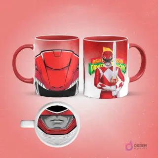 Taza de sublimación con diseño frontal de casco Power Ranger rojo Tyrannosaurus y vista lateral del Ranger Rojo con espada, fondo rojo.