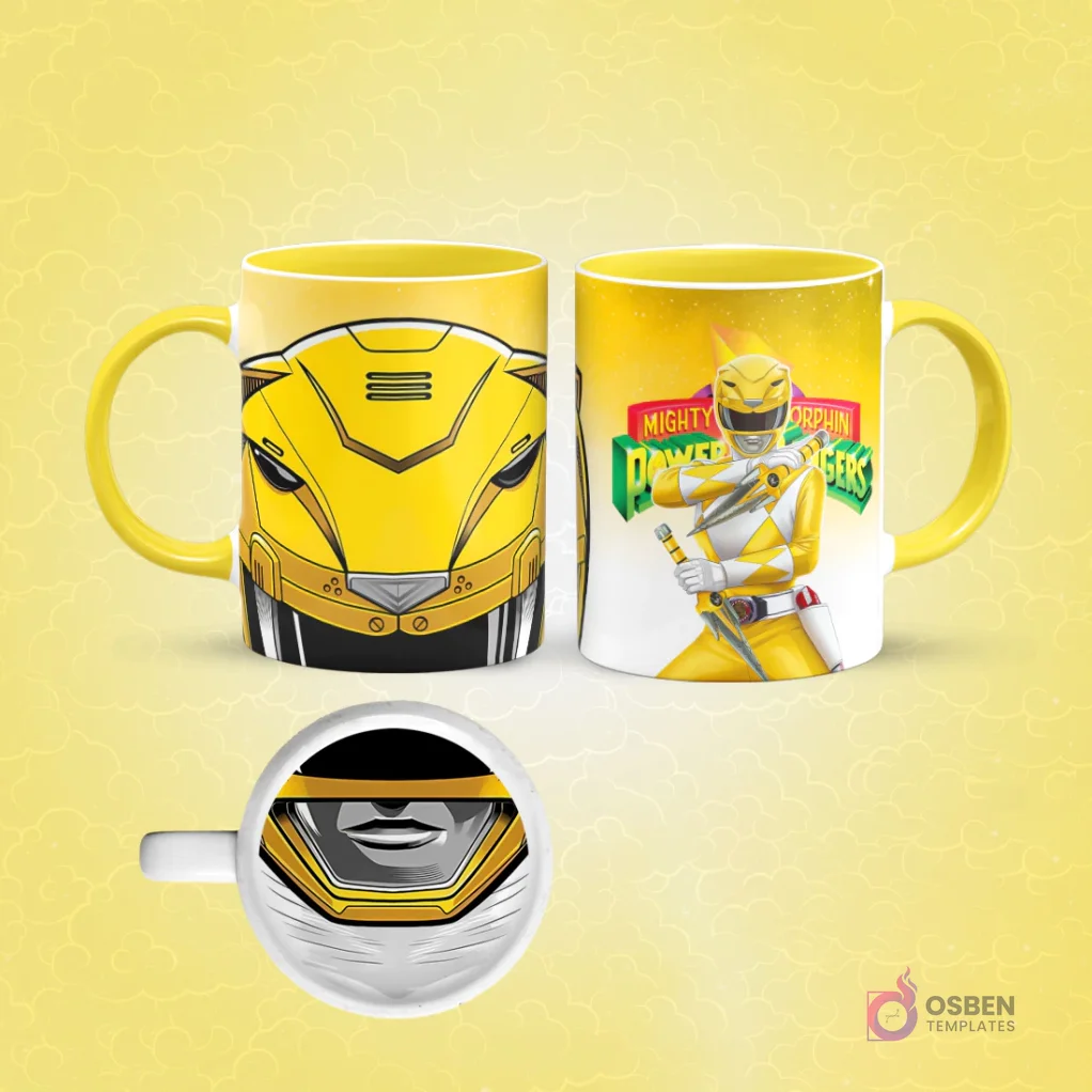 Taza de sublimación con diseño frontal de casco Power Ranger amarillo Sabretooth Tiger y vista lateral del Ranger Amarillo con dagas, fondo amarillo.