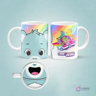 Taza de sublimación con diseño frontal del rostro de Grumpy Bear azul de los Care Bears y vista lateral de los Ositos Cariñositos en un auto, con arcoíris de fondo.