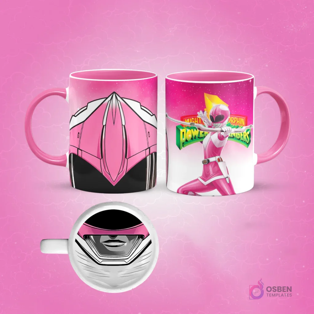 Taza de sublimación con diseño frontal de casco Power Ranger rosa Pterodactyl y vista lateral del Ranger Rosa con arco, fondo rosa.