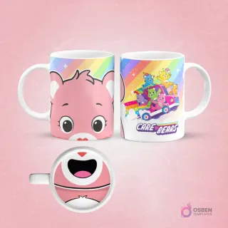 Taza de sublimación con diseño frontal del rostro de Cheer Bear rosa de los Care Bears y vista lateral de los Ositos Cariñositos en un auto, con arcoíris de fondo.