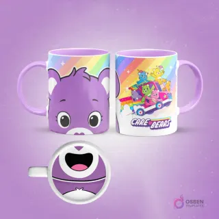 Taza de sublimación con diseño frontal del rostro de Share Bear morado de los Care Bears y vista lateral de los Ositos Cariñositos en un auto, con arcoíris de fondo.