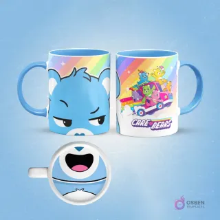 Taza de sublimación con diseño frontal del rostro enojado de Grumpy Bear azul claro de los Care Bears y vista lateral de los Ositos Cariñositos en un auto, con arcoíris de fondo.