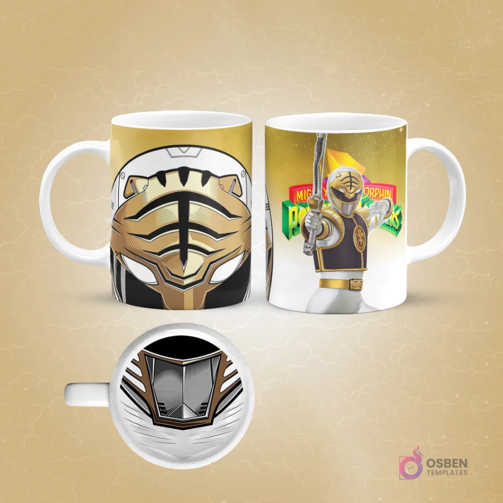 Taza de sublimación con diseño frontal de casco Power Ranger blanco y dorado (Tigerzord) y vista lateral del Ranger Blanco con espada Saba, fondo beige.