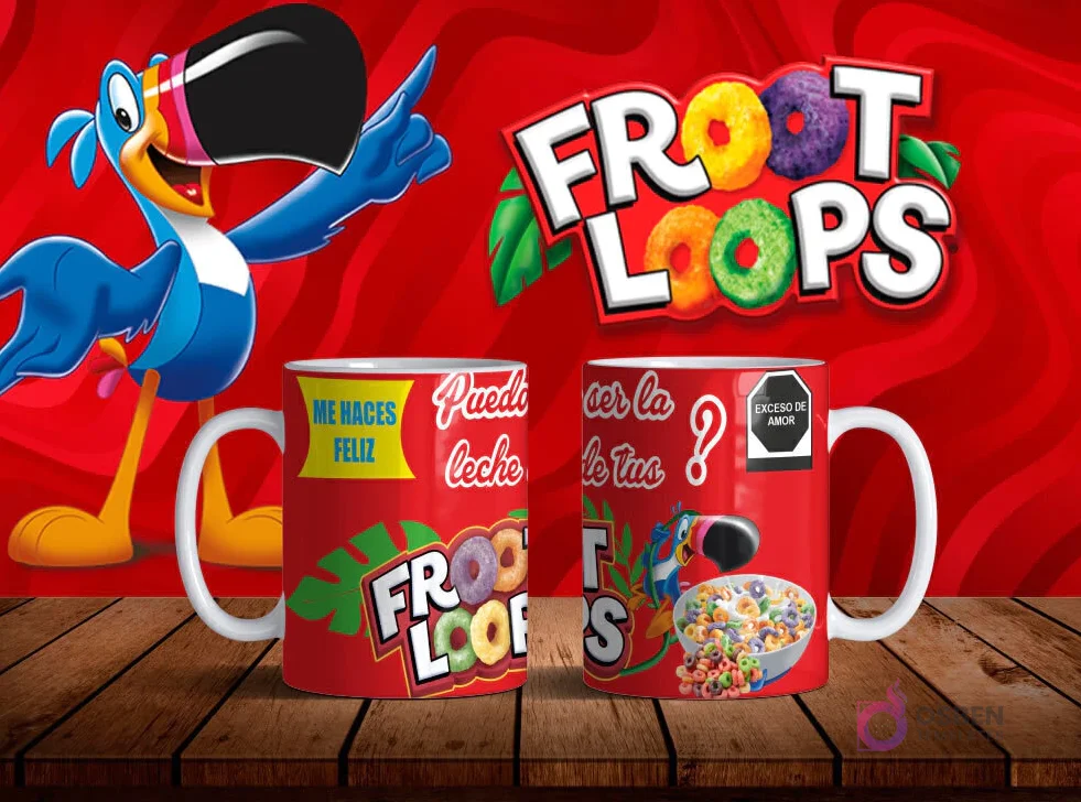 Mockup de dos tazas blancas con diseños de Froot Loops en rojo, tucán Sam y frases 'Me haces feliz' y '¿Puedo ser la leche de tus Froot Loops?' sobre fondo rojo.