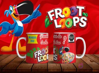 Mockup de dos tazas blancas con diseños de Froot Loops en rojo, tucán Sam y frases 'Me haces feliz' y '¿Puedo ser la leche de tus Froot Loops?' sobre fondo rojo.