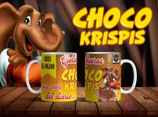 Mockup de dos tazas blancas con diseños de Choco Krispis en amarillo, elefante Melvin y frase 'Ojalá fueras Choco Krispis para comerte del diario...' sobre fondo oscuro.