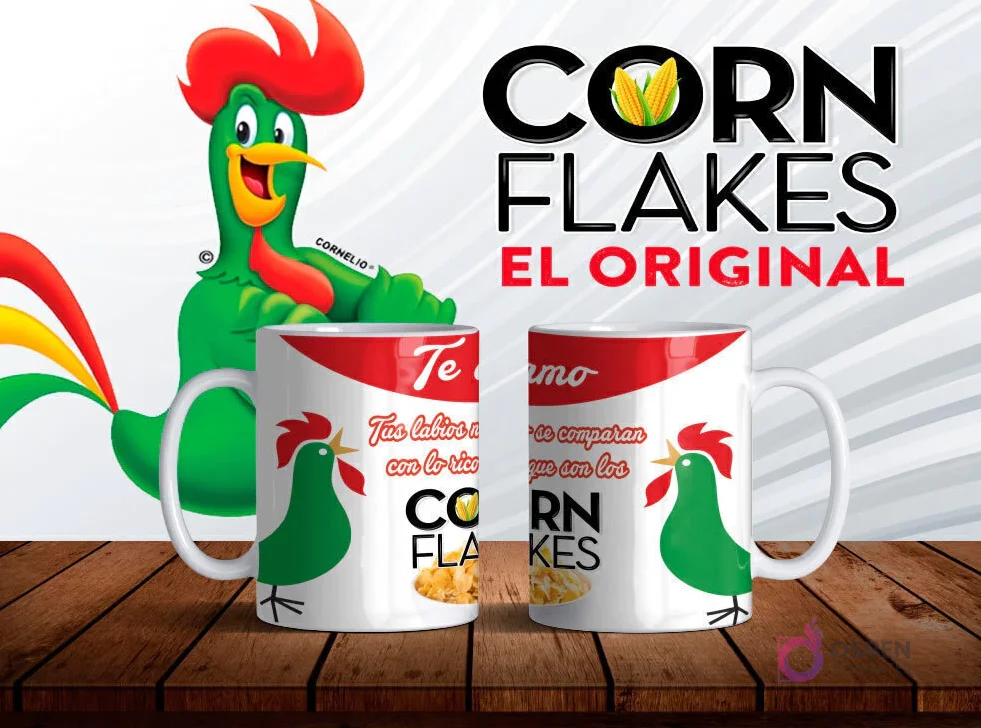 Mockup de dos tazas blancas con diseños de Corn Flakes y el gallo Cornelio, frase 'Tus labios no se comparan con lo rico de los Corn Flakes' sobre fondo blanco.