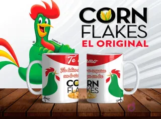 Mockup de dos tazas blancas con diseños de Corn Flakes y el gallo Cornelio, frase 'Tus labios no se comparan con lo rico de los Corn Flakes' sobre fondo blanco.