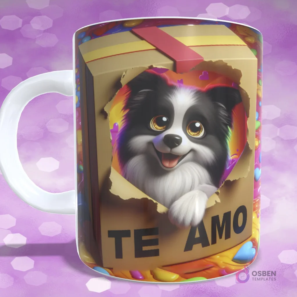 Taza sublimada con diseño de perrito Border Collie en caja de regalo con corazones y texto 'TE AMO'