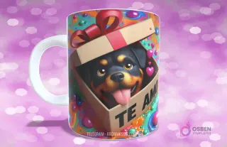Taza sublimada con diseño de cachorro Rottweiler sonriente en caja de regalo y mensaje 'TE AMO'