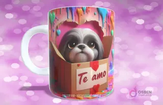 Taza con diseño de perrito Shih Tzu de grandes ojos en caja de regalo con detalle de corazones y texto 'Te amo'