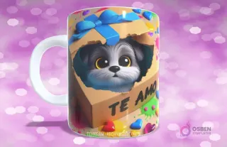 Taza sublimada con perrito blanco y gris saliendo de caja de regalo con lazo azul y el texto 'TE AMO'