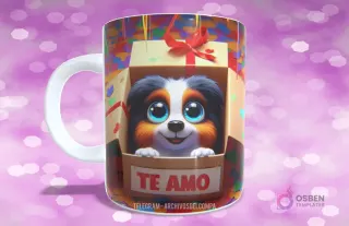 Taza con diseño de cachorro Australian Shepherd con ojos azules emergiendo de caja de regalo con confeti y texto 'TE AMO'
