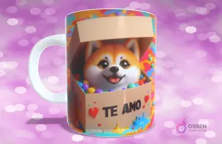 Taza con diseño de perrito Shiba Inu en caja llena de bolitas de colores y el texto 'TE AMO'