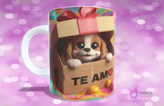 Taza sublimada con cachorro Cavalier King Charles Spaniel en caja de regalo con lazo rojo y 'TE AMO'