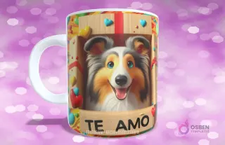 Taza con diseño de perrito Collie de pelo largo y ojos azules asomándose de caja con lazo rojo y 'TE AMO'