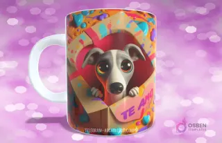 Taza sublimada con perrito Galgo italiano de ojos grandes en caja rasgada con corazones y 'TE AMO'