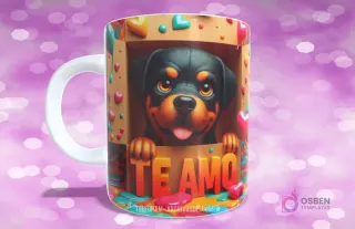 Taza con diseño de cachorro Rottweiler con la lengua fuera en caja de regalo con corazones y 'TE AMO'
