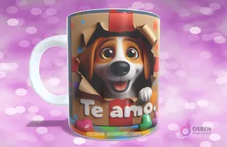 Taza sublimada con perrito Beagle saliendo de caja de regalo rasgada con corazones y 'Te amo.'