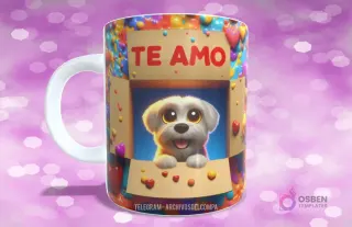 Taza con diseño de perrito Maltés blanco y sonriente asomándose de caja con corazones y 'TE AMO'