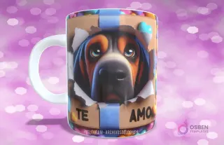 Taza sublimada con perrito Basset Hound de cerca en caja de regalo con cinta azul y 'TE AMO'