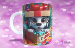 Taza con diseño de cachorro Dálmata feliz saliendo de caja de regalo con lazo rojo y 'TE AMO'