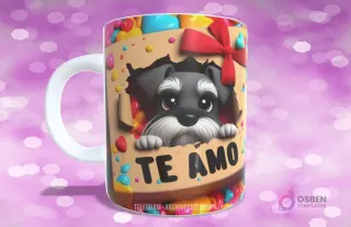 Taza sublimada con perrito Schnauzer negro y gris en caja de regalo con dulces de colores y 'TE AMO'