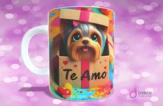 Taza con diseño de perrito Yorkshire Terrier con lazo rosa en caja de regalo y mensaje 'Te Amo'