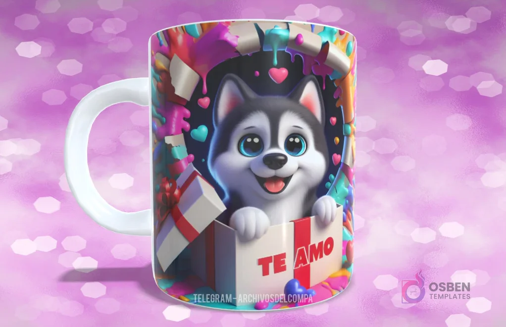 Taza sublimada con perrito Husky siberiano en caja de regalo con corazones y texto 'TE AMO'