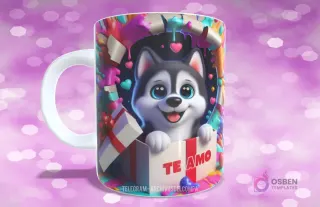 Taza sublimada con perrito Husky siberiano en caja de regalo con corazones y texto 'TE AMO'