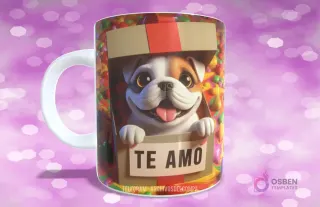 Taza sublimada con cachorro Bulldog Inglés sonriente en caja de regalo con dulces y 'TE AMO'
