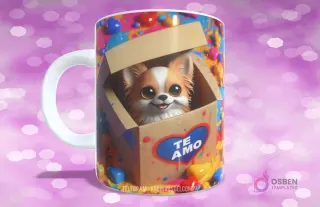 Taza con diseño de perrito Chihuahua de ojos grandes en caja de regalo con corazón azul y 'TE AMO'