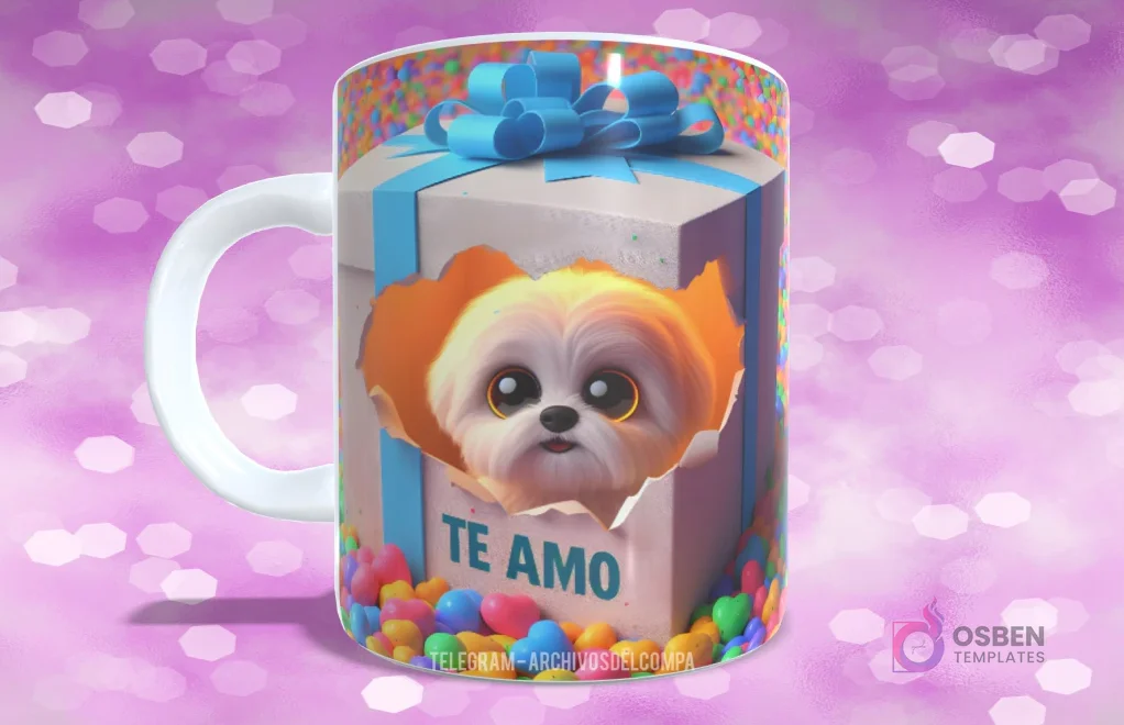 Taza sublimada con perrito Shih Tzu blanco y crema en caja de regalo con lazo azul y 'TE AMO'