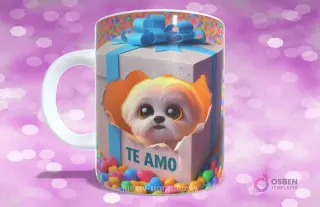 Taza sublimada con perrito Shih Tzu blanco y crema en caja de regalo con lazo azul y 'TE AMO'