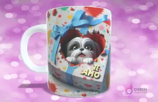 Taza con diseño de perrito Shih Tzu blanco y negro sonriente en caja de regalo con lazo azul y 'TE AMO'