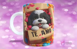 Taza sublimada con perrito blanco y negro esponjoso en caja de regalo con corazones rojos y 'TE AMO'