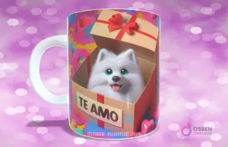 Taza con diseño de perrito Spitz blanco de ojos azules en caja de regalo con lazo rojo y 'TE AMO'