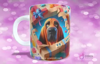 Taza con diseño de perrito Bloodhound con ojos caídos en caja de regalo con lazo azul y 'TE AMO'