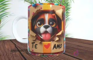 Taza sublimada con perrito Boxer sonriente en caja de regalo con corazones y 'TE AMO'