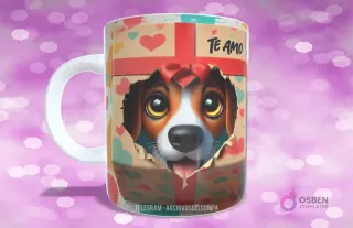 Taza con diseño de perrito Beagle feliz asomándose de caja de regalo con lazo rojo y 'TE AMO'