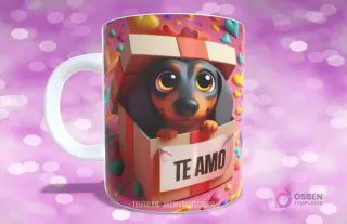 Taza sublimada con perrito Dachshund de ojos grandes en caja de regalo con corazones y 'TE AMO'