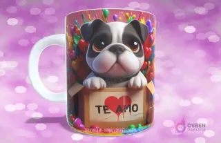 Taza con diseño de perrito French Bulldog blanco y negro con corazones de colores y 'TE AMO'