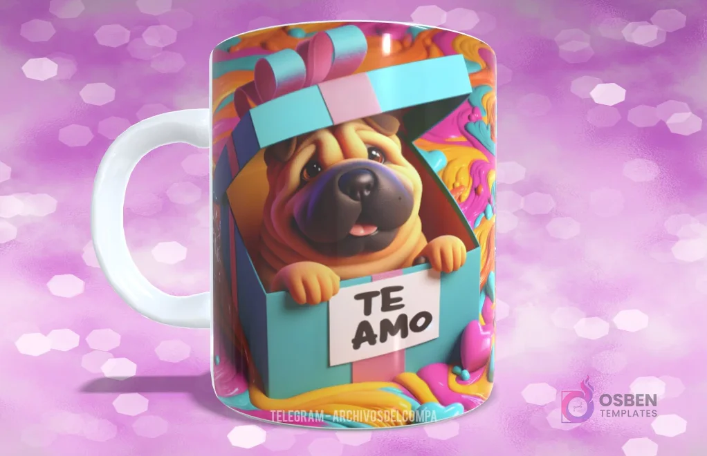 Taza sublimada con perrito Shar Pei sonriente en caja de regalo con lazo azul y 'TE AMO'